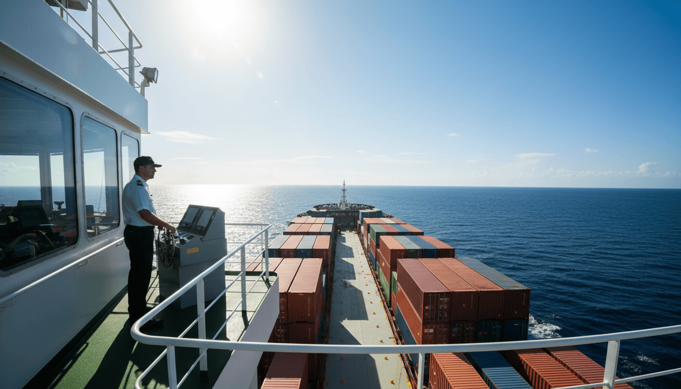 Master Mariner standing on the bridge wing of a large ship, watching the horizon