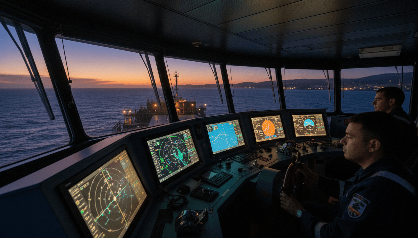 Ship bridge at dusk with navigation screens and dark ocean behind