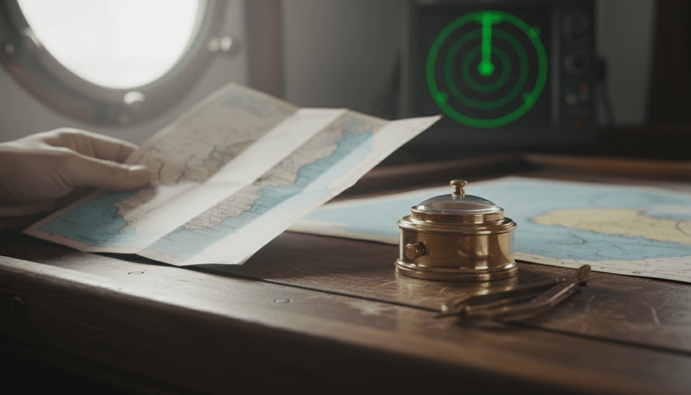 Nautical chart with dividers and compass on a ship's chart table