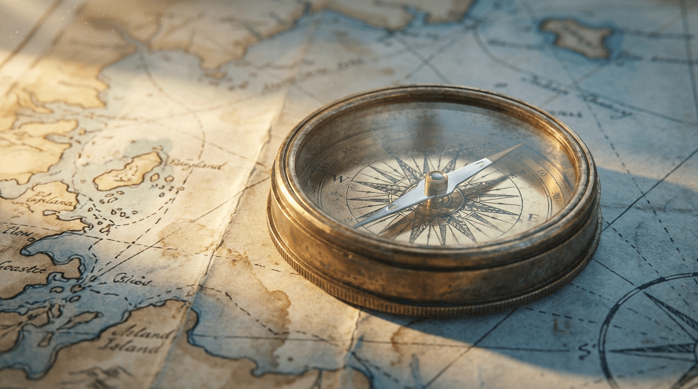Nautical chart on a chart table with dividers and parallel ruler in natural light
