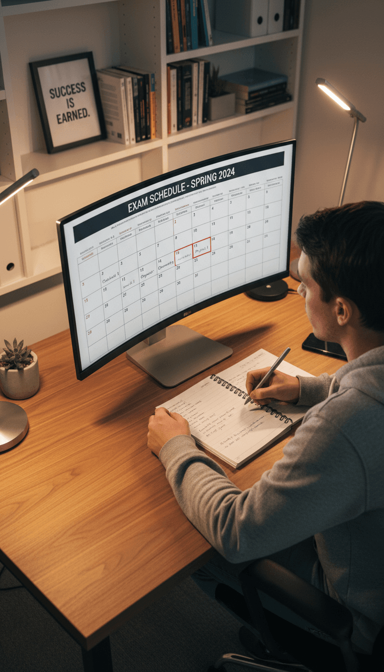 Annotated study timetable and COLREGS flash cards spread on a desk beside a coffee mug, warm desk lamp, focused still life
